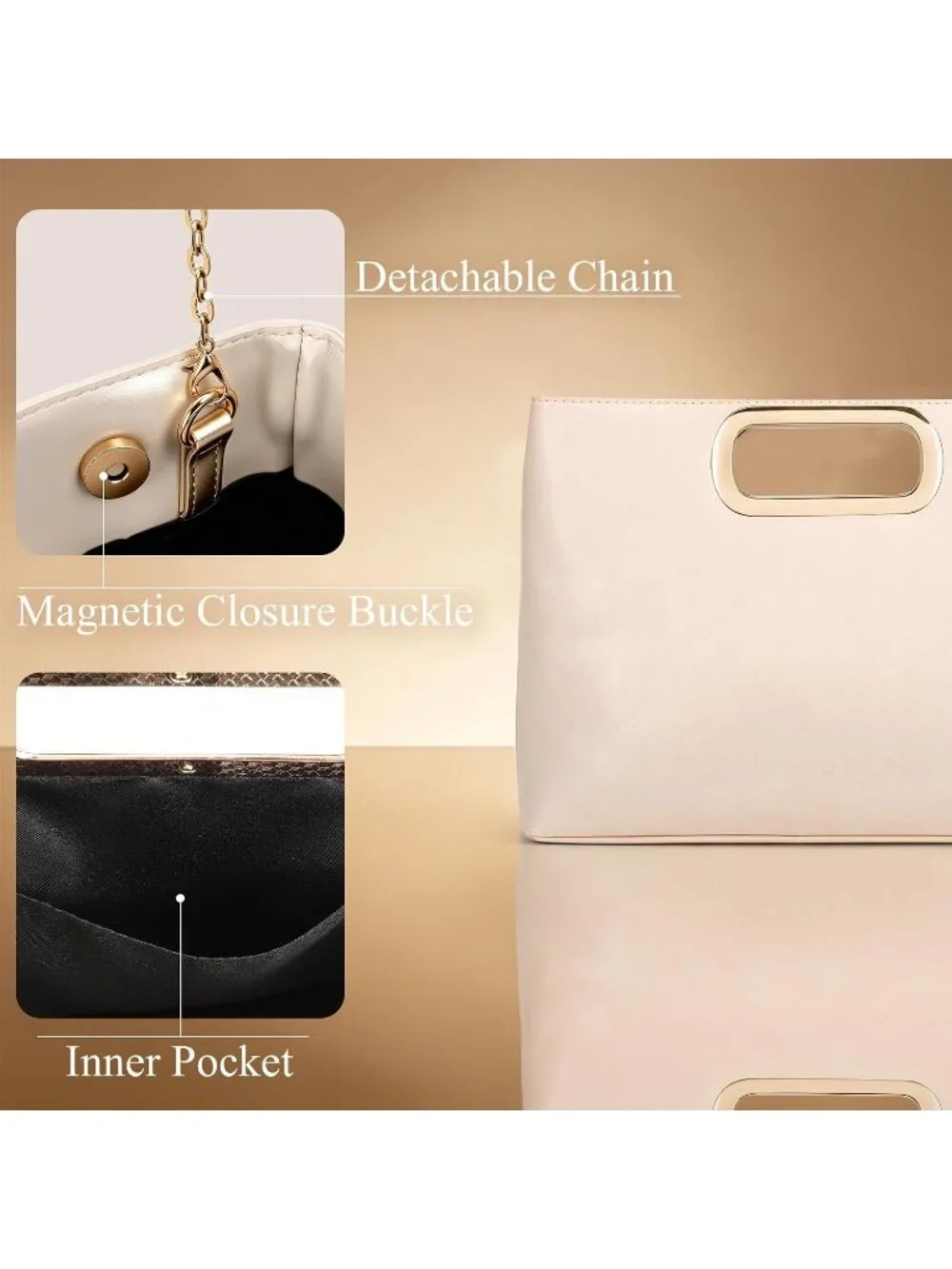 Women's Cream Clutch Handbag Modern Faux Leather with Metal Handle Evening Bag